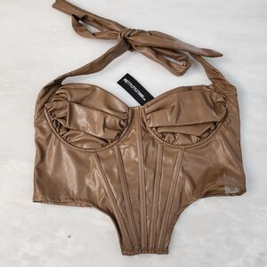 PrettyLittleThing Light Brown Faux Leather Halter Top